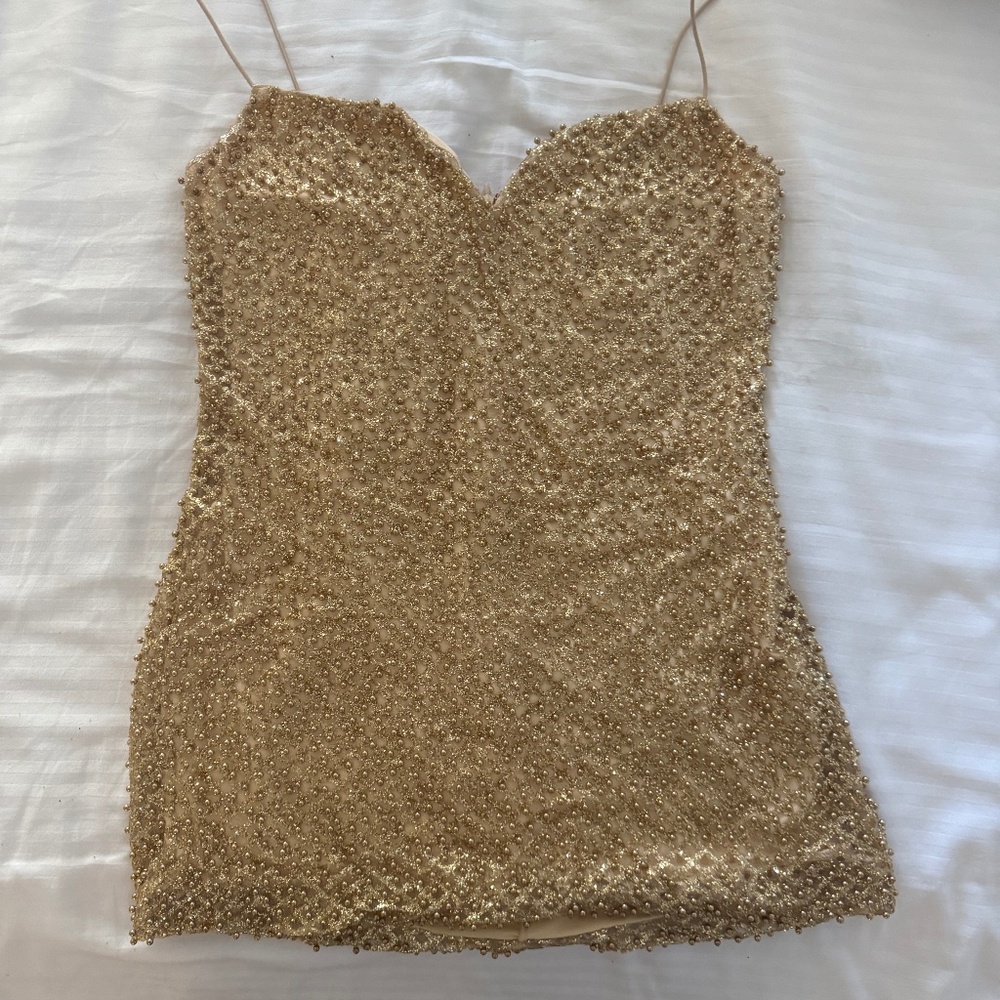 Mischa Embellished Sweetheart-Neck Mini Dress in Gold